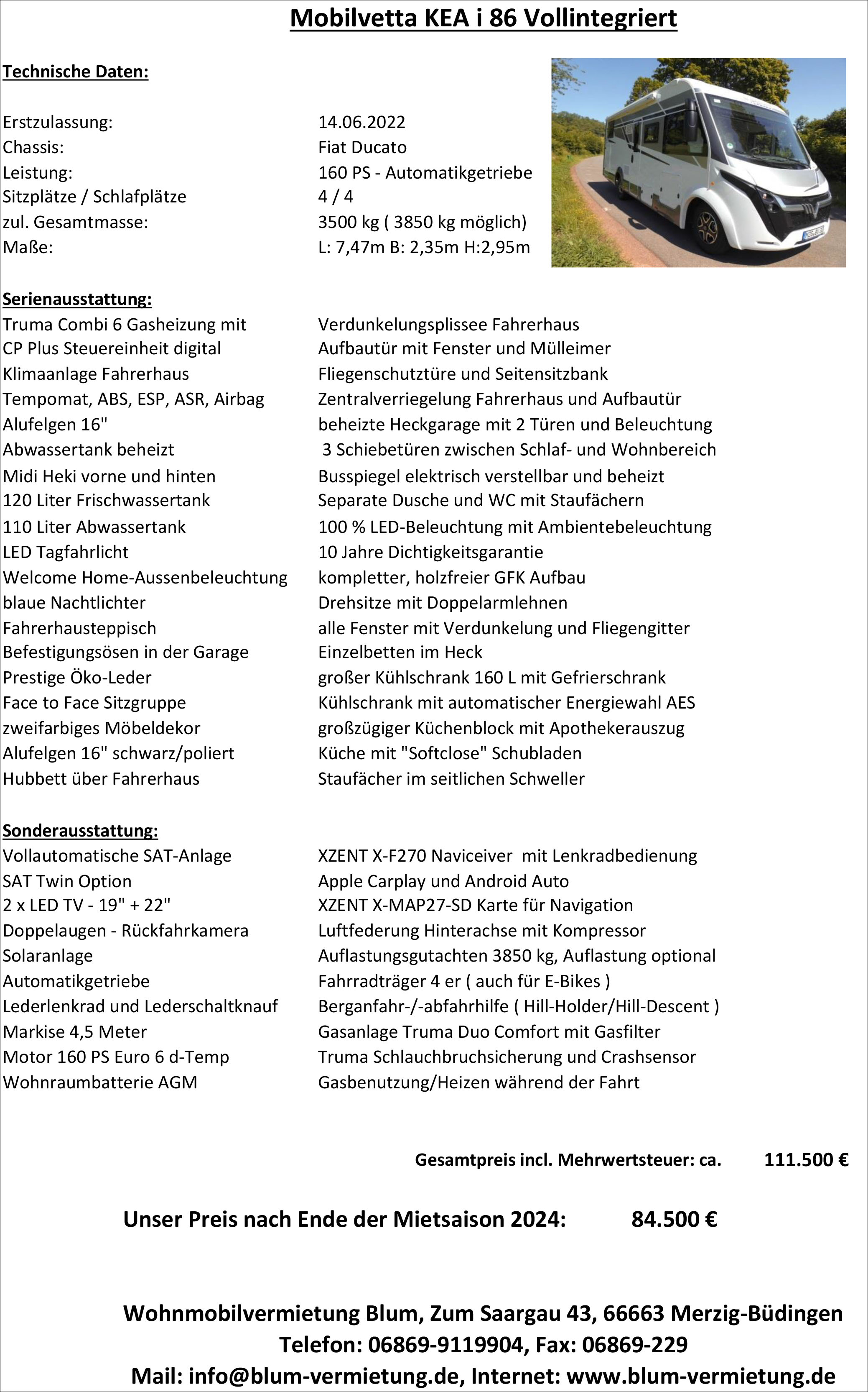 Datenblatt Verkauf Mobilvetta KEA i 86