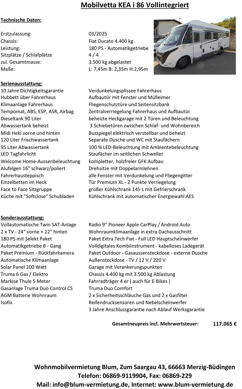Datenblatt Verkauf Mobilvetta KEA i 86 Webseite
