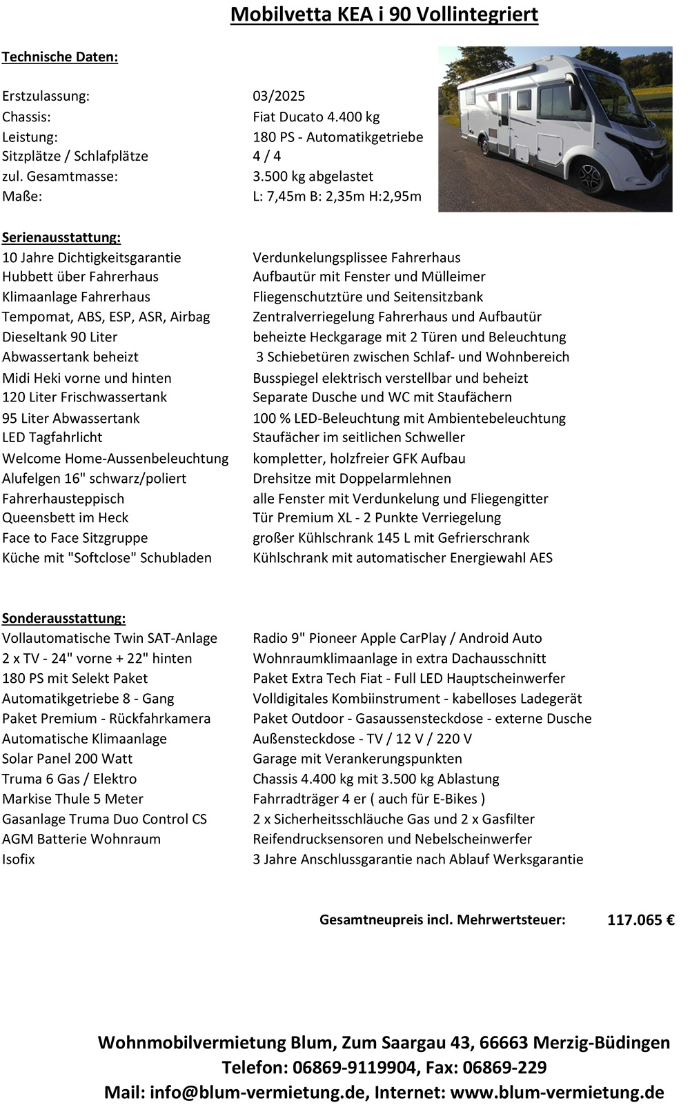 Datenblatt Verkauf Mobilvetta KEA i 90 Webseite